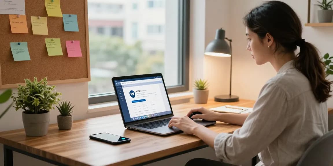 WPS Download page opened on a laptop in a modern home office, symbolizing productivity and efficiency.