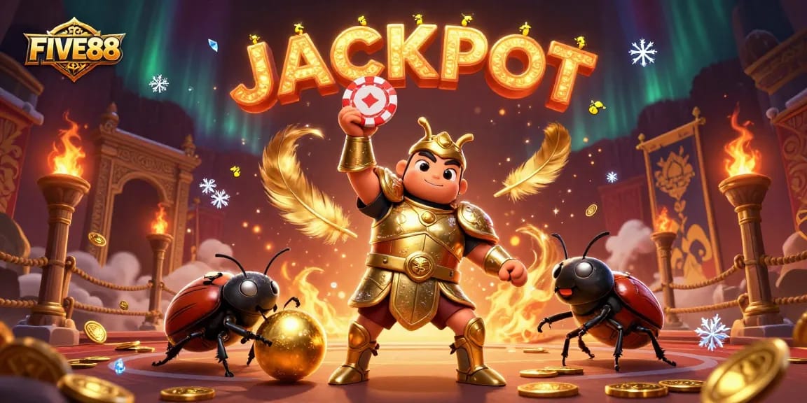 Experience the excitement at FIVE88 with a vibrant casino-themed illustration featuring a triumphant beetle and a jackpot.