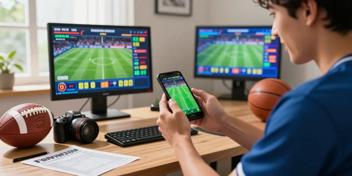 Zahraniční sázkové kanceláře - sázkař nadšeně sází na mobilu, vedle sportovní suvenýry a živé kurzy na obrazovce.