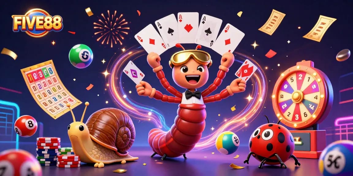 Experience excitement and joy with FIVE88’s vibrant 3D illustration, showcasing thrilling gaming elements