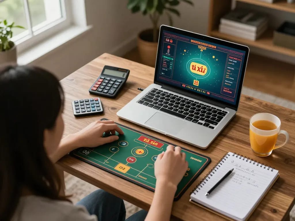 Tài xỉu online gameplay session with a player analyzing strategies and betting on laptop in a cozy home.