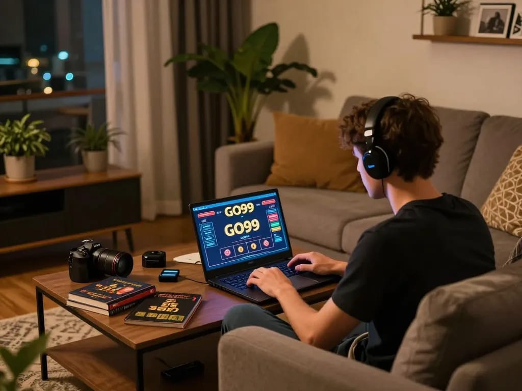 Engaged player exploring GO99 online casino gaming from a cozy home setting, showcasing the ultimate gaming experience.