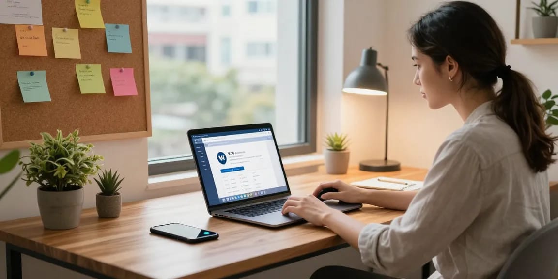 WPS Download page opened on a laptop in a modern home office, symbolizing productivity and efficiency.