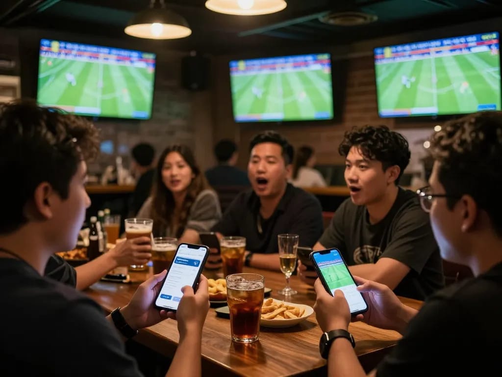 Engaged bettors using keonhacaii app during live sports event, capturing the thrill of in-game betting