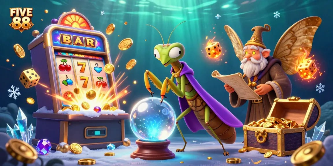 Experience thrilling slots and jackpots with FIVE 88 highlighted in a vibrant, dynamic casino scene.