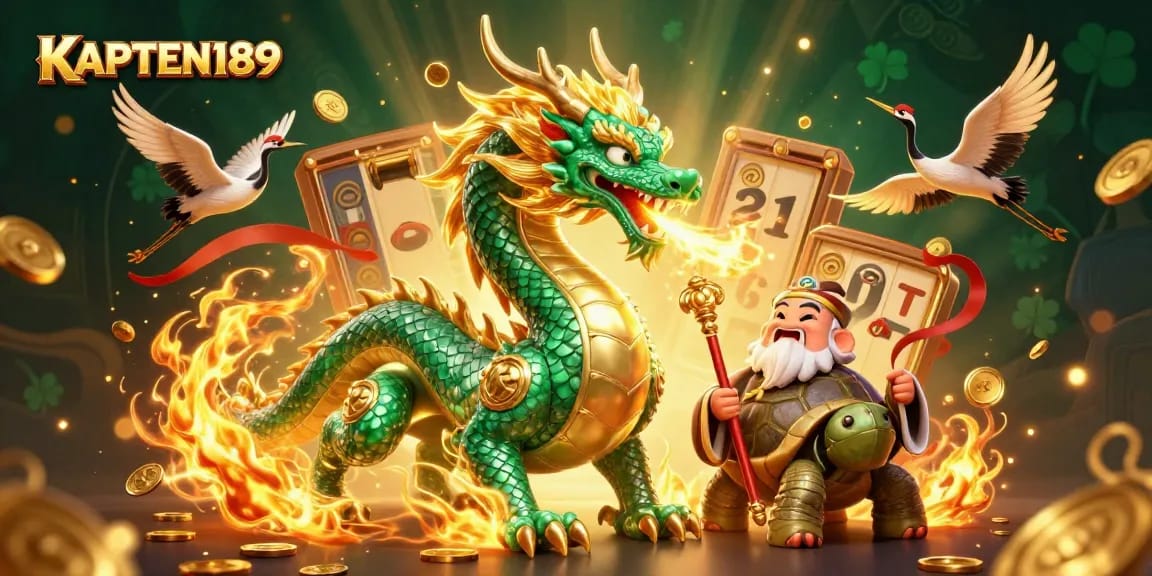 KAPTEN189 meningkatkan peluang menang di kasino dengan ilustrasi naga hijau dan simbol slot