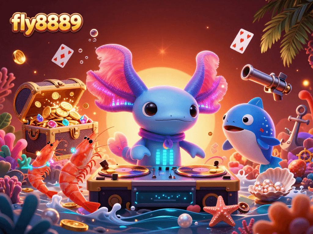 Spin the reels with fly8889, featuring vibrant casino elements like gold coins and playing cards in a lively underwater scene.