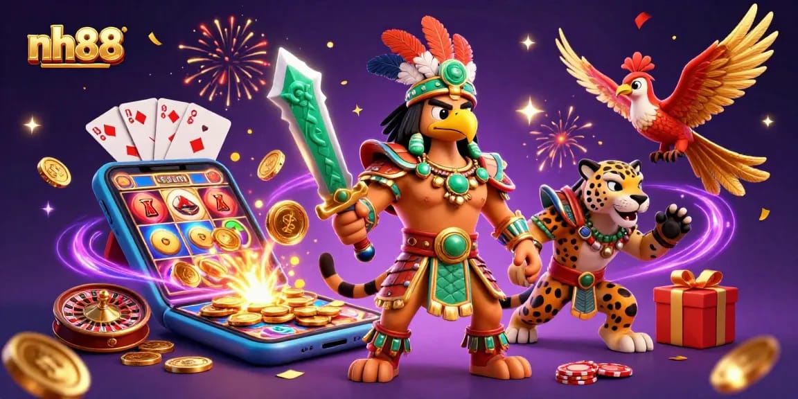 Experience thrilling gameplay at nh88 with vibrant illustrations of Aztec warriors amidst casino games.