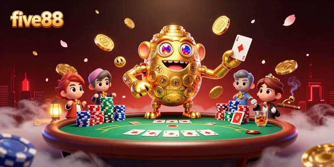Engage with five88's thrilling poker action featuring a golden golem amidst stacked chips and illuminated table.