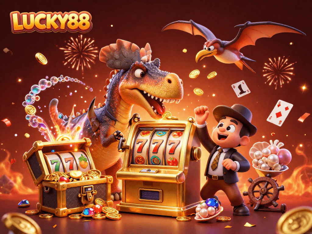 LUCKY88 promotes excitement as a pachycephalosaurus wins a jackpot with coins flying around in this animated casino scene.