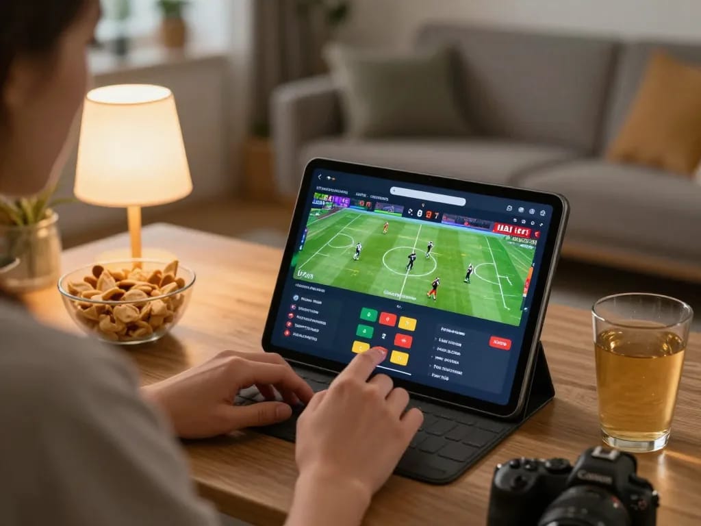 Engaged in kèo nhà cái sports betting on a tablet at home with snacks and drinks.