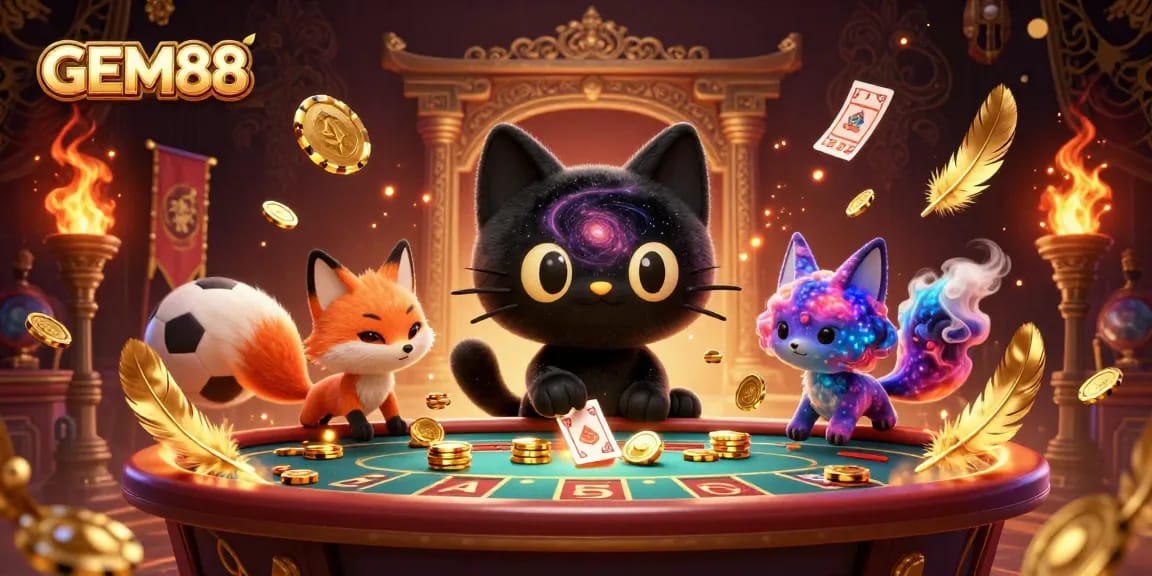 Place bets and win with GEM88's vibrant cosmic casino, featuring a whimsical black hole cat and colorful fox.