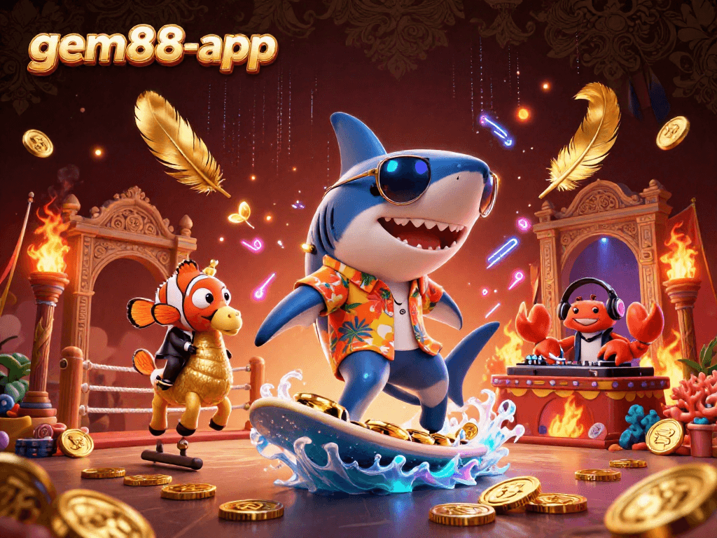Experience gem88-app with a vibrant underwater casino scene featuring animated characters on a wave of gold.