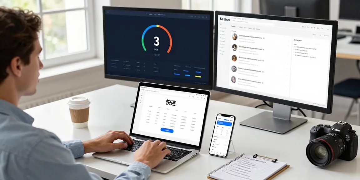 快连 application usage in a modern tech workspace, showcasing connectivity speed and user engagement.