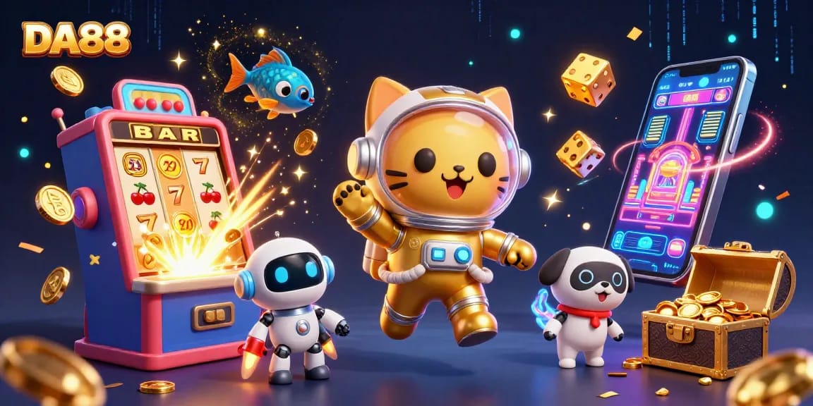 Experience the thrill of DA88 with dynamic gaming elements and 3D characters in an exciting casino scene.