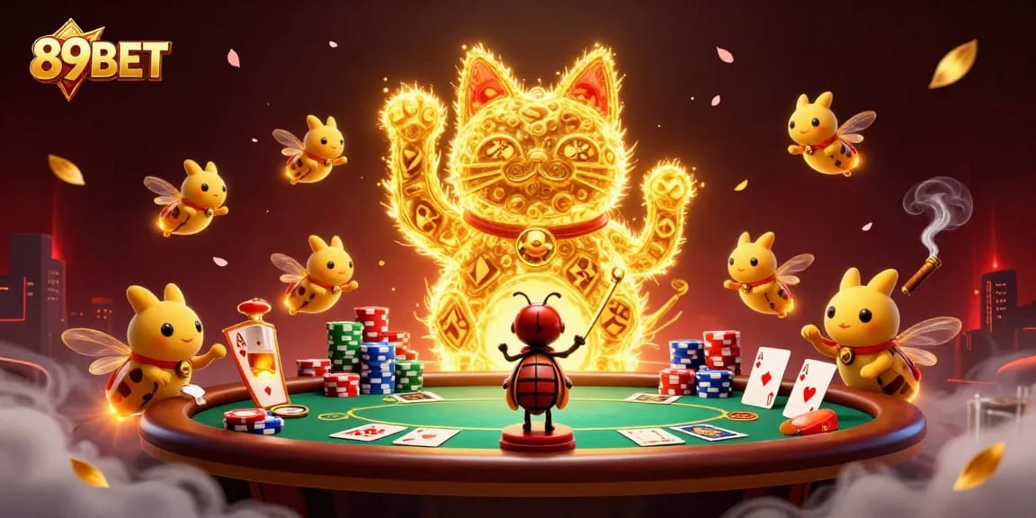 Win big with 89BET's vibrant and dynamic casino scene featuring a lucky cat and poker elements.