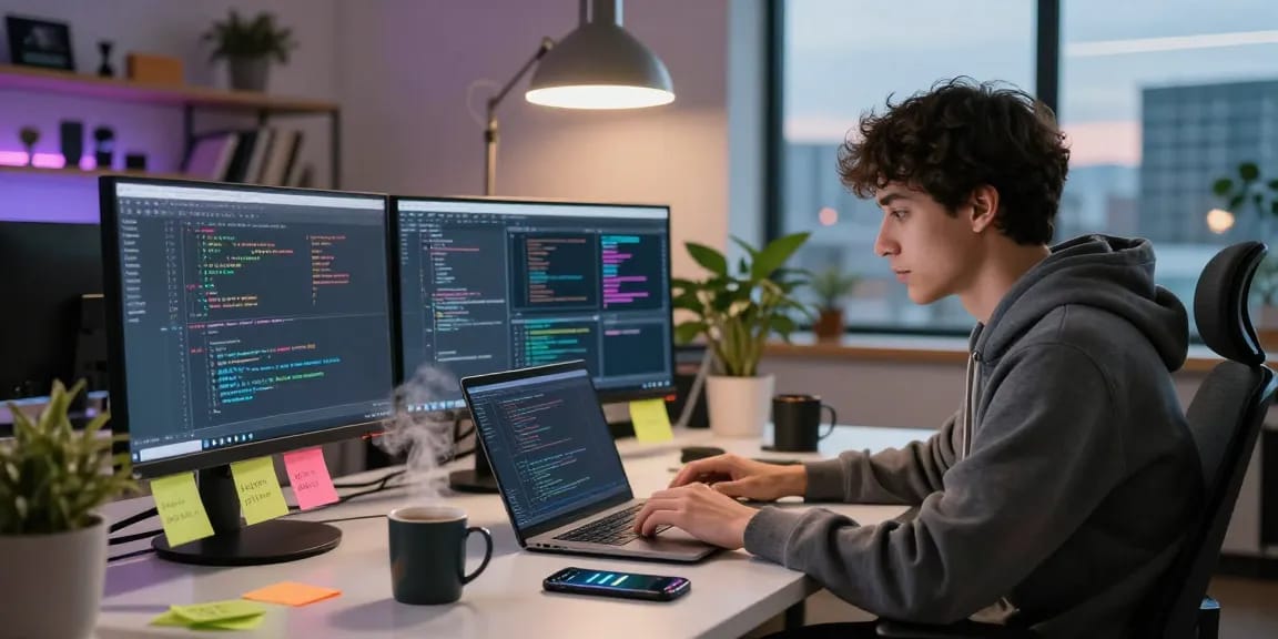 快连 enhances productivity in a modern tech workspace filled with coding and vibrant atmosphere