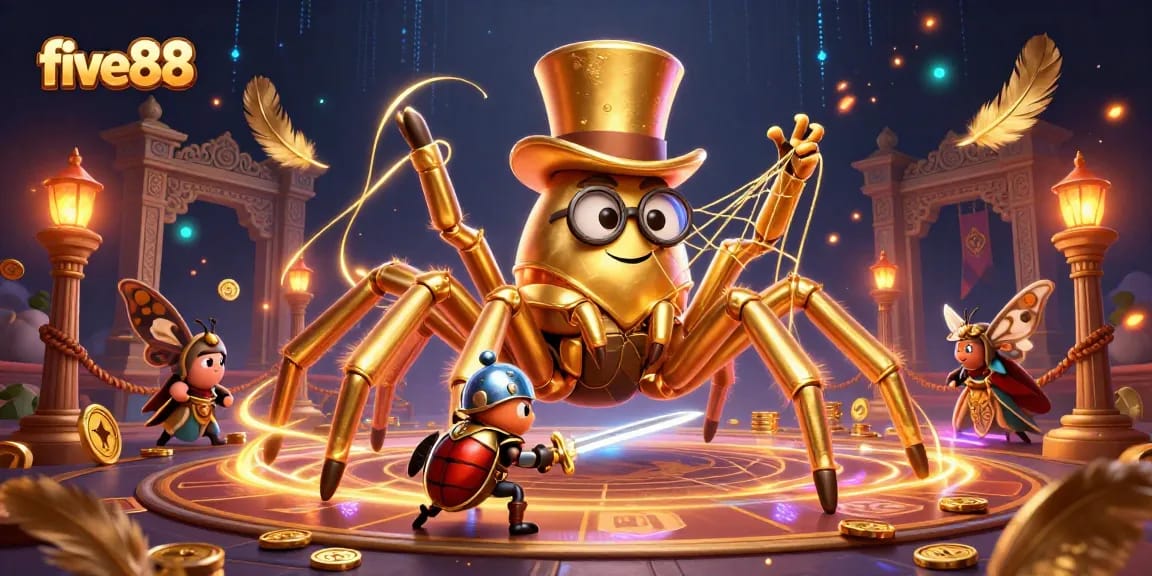 Experience the excitement of five88 with a golden tarantula and beetle knight in a dynamic casino scene.