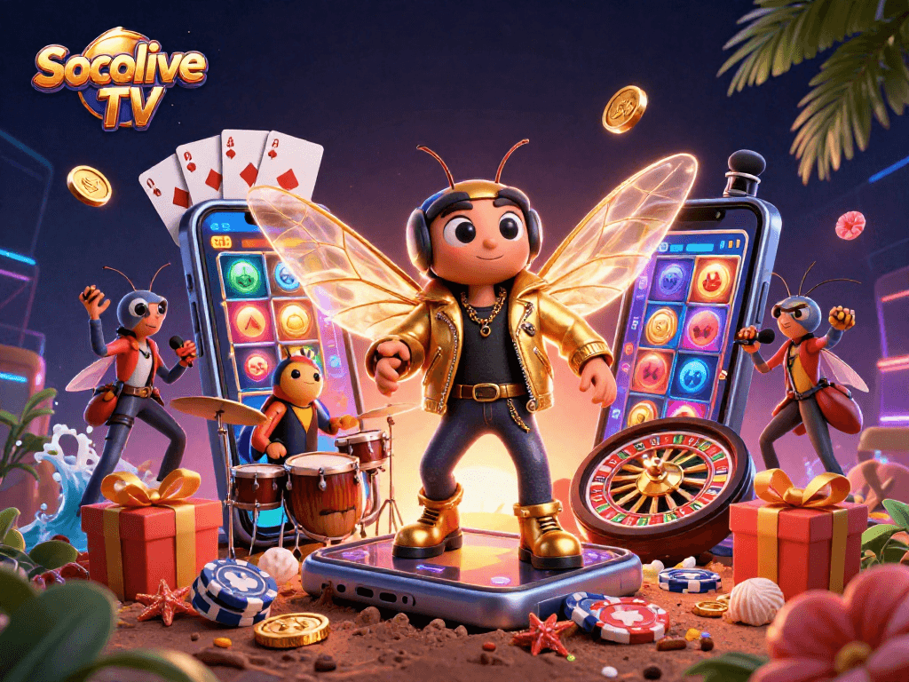 Engage in excitement with Socolive TV's vibrant 3D casino illustration featuring animated rock star characters.