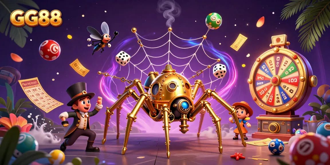 Engage with GG88's vibrant gambling experience featuring dynamic lottery balls and a whimsical spider character.