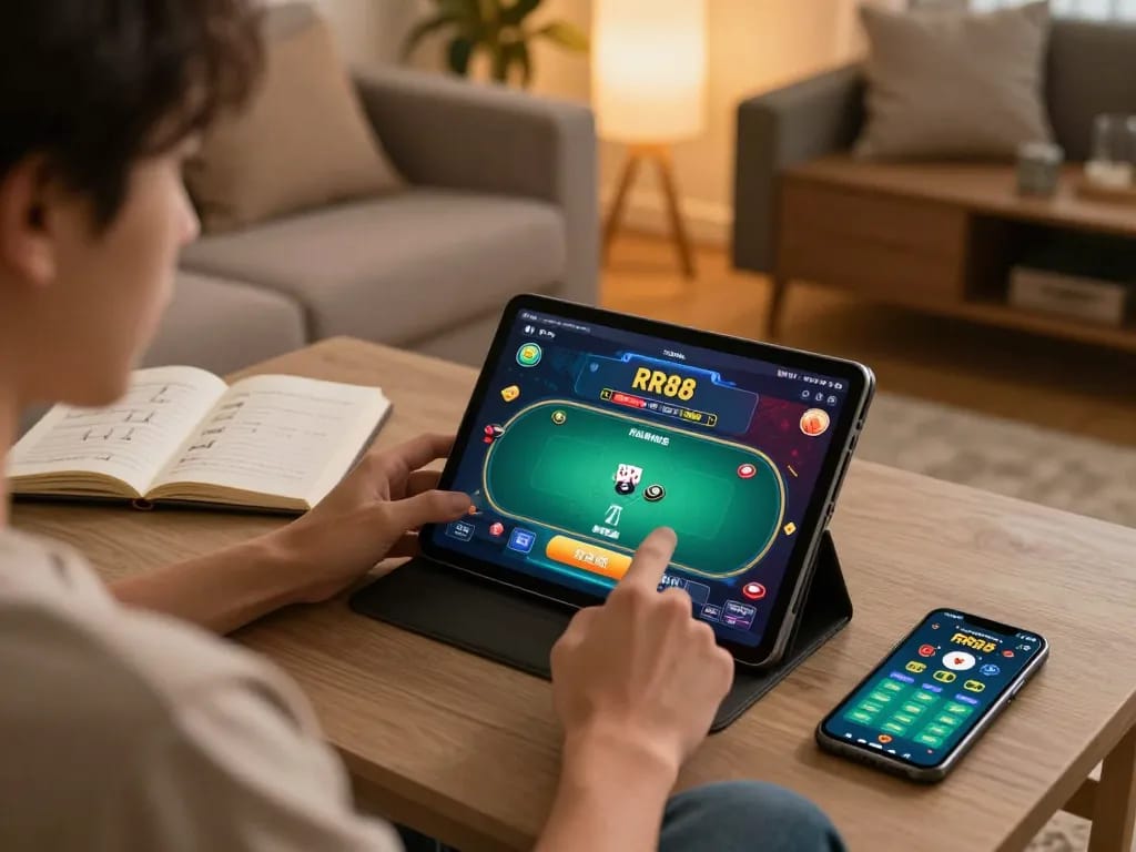 Person playing poker on RR88 app in a cozy home setting while managing strategies
