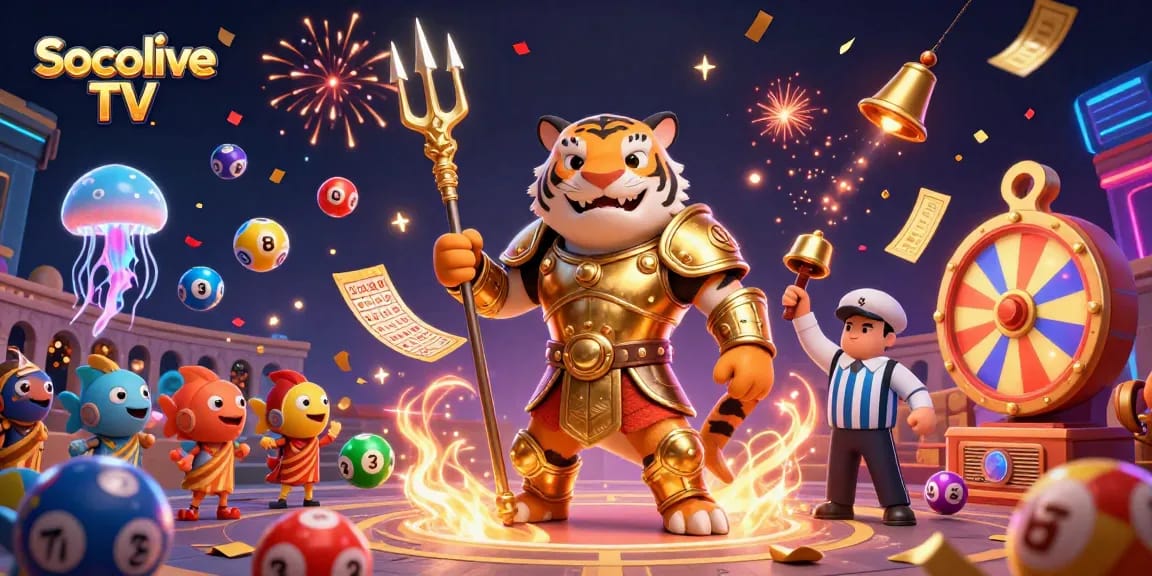 Socolive TV shows an underwater colosseum with a tiger shark, lottery balls, and celebratory elements.