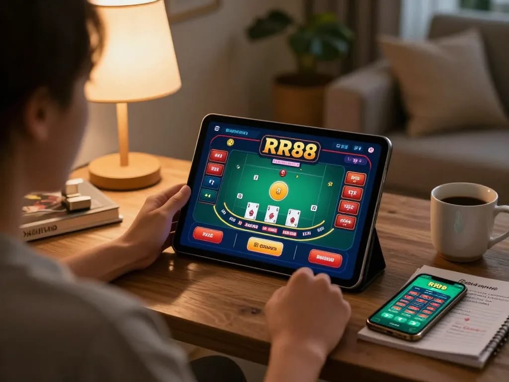 Engaging RR88 online casino gameplay on a tablet in a cozy home setting