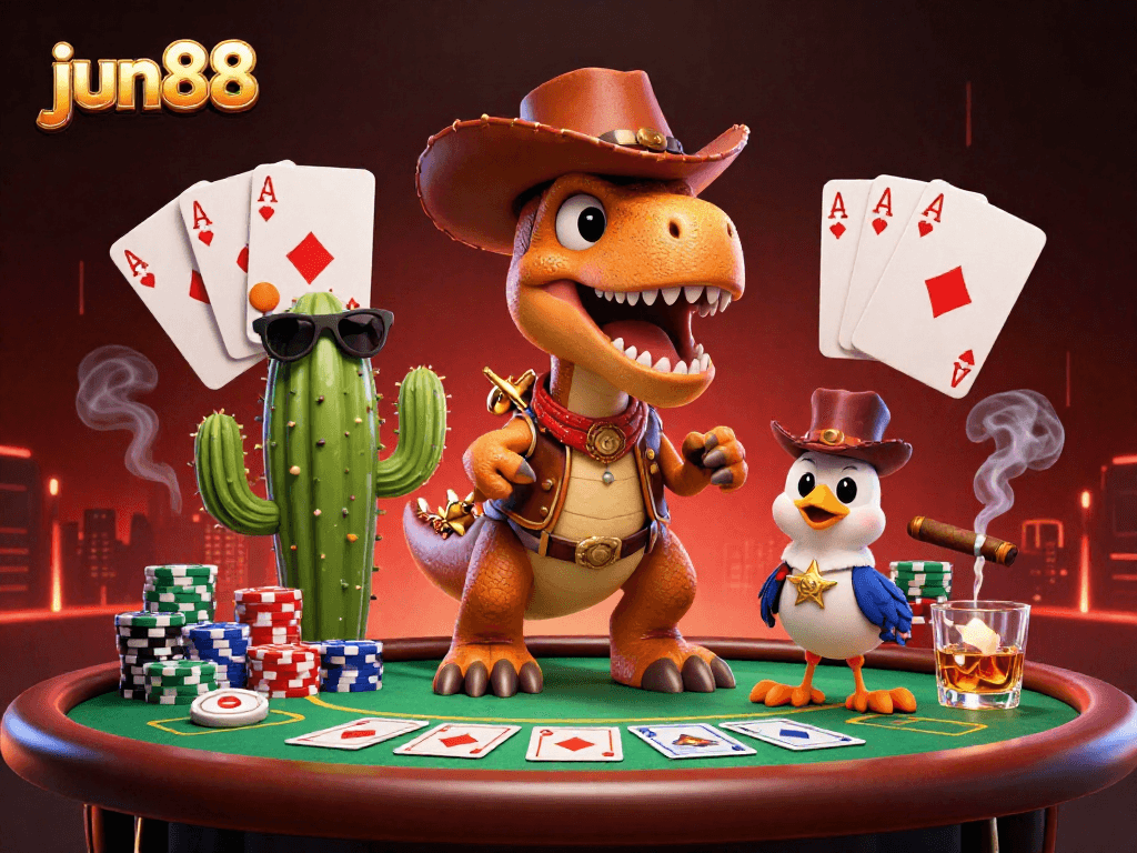 Experience gambling excitement with the dynamic jun88 card game scene, featuring cartoon characters in action.