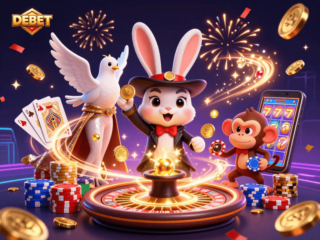 Experience the excitement of DEBET casino with animated characters and vibrant game elements in a thrilling scene.