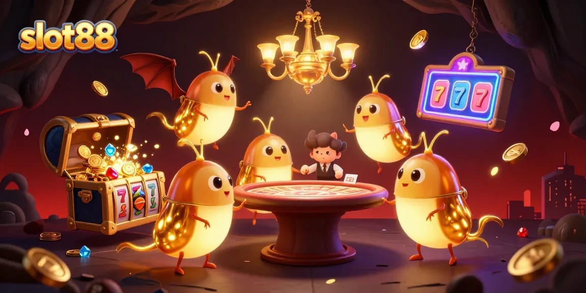 Slot88 menghadirkan suasana kasino dengan glowworms yang menerangi permainan slot dan dealer unik dalam suasana menawan.