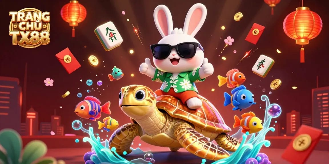 Experience the excitement of TRANG CHỦ TX88 with a vibrant 3D illustration featuring a lucky rabbit and a golden turtle.