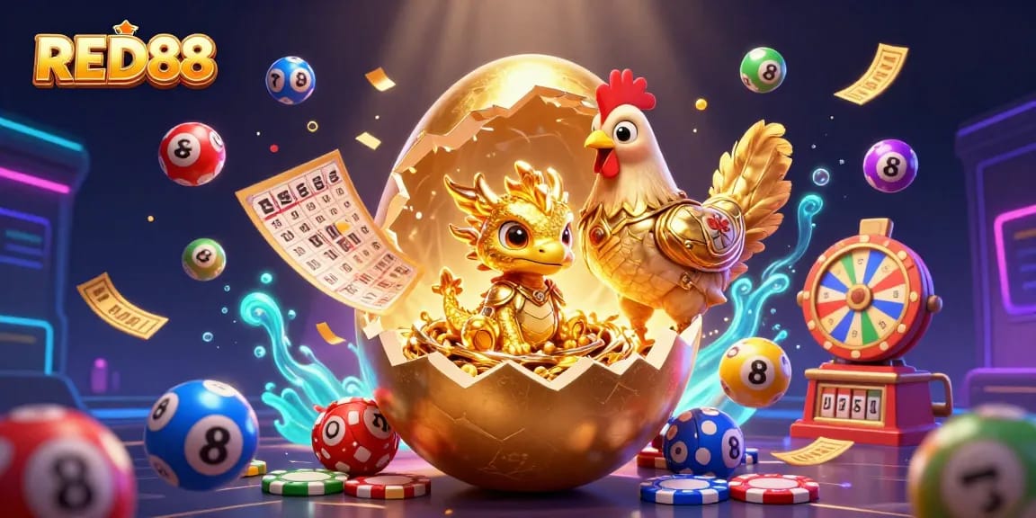 Experience thrilling game action with the RED88 baby dragon guarding golden poker chips in a vibrant casino scene.