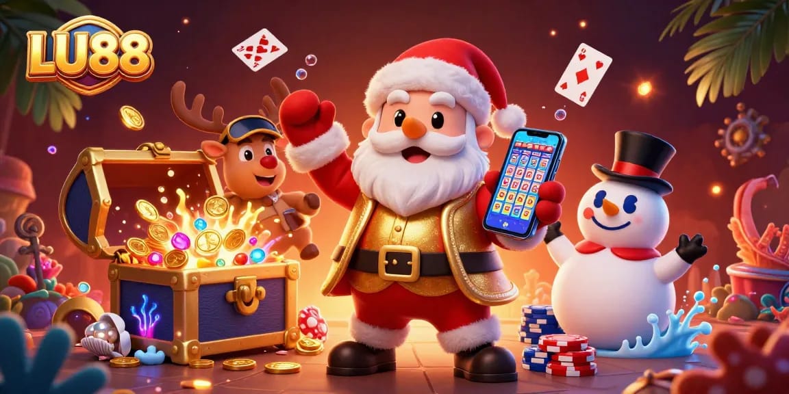 LU88 offers exciting jackpot slots with Santa and friends in a vibrant 3D casino scene.