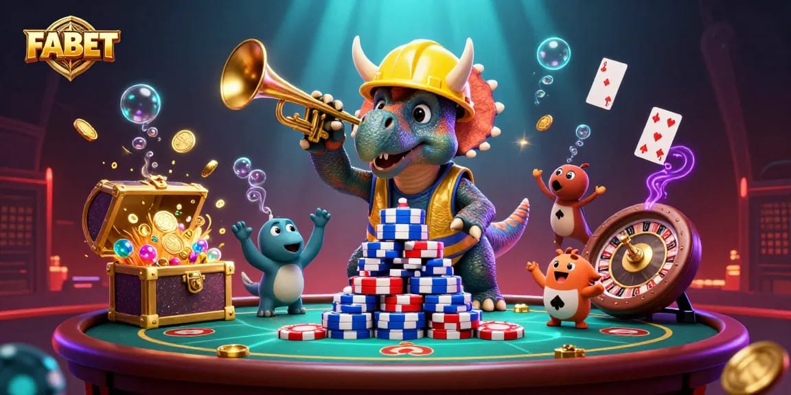 Join the celebration at FABET with a triceratops building poker chips amid exciting casino elements.