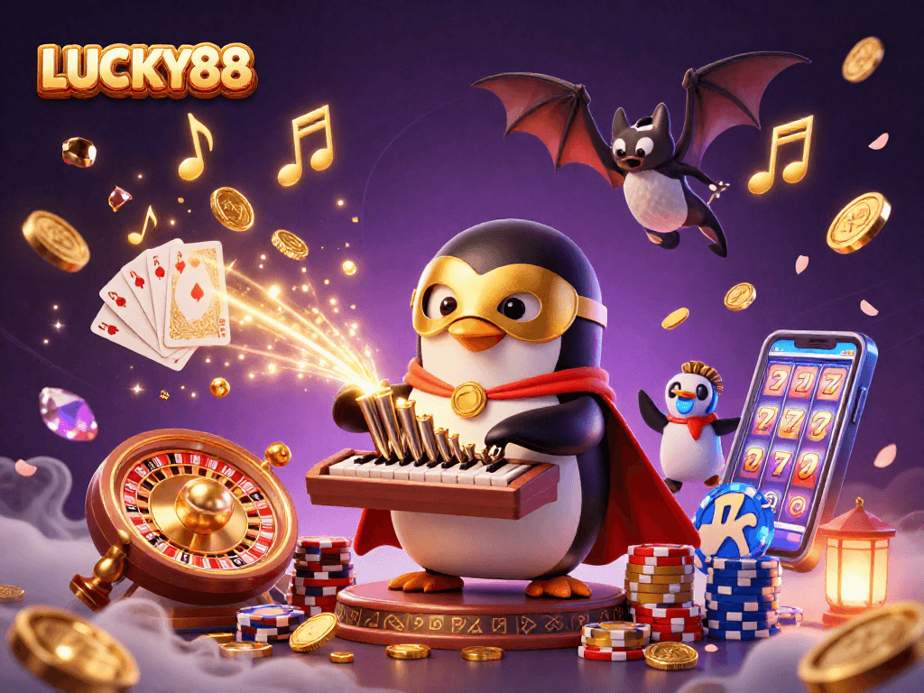 LUCKY88 brings excitement with a cartoon penguin organist and gold coins cascading in a vibrant casino scene.