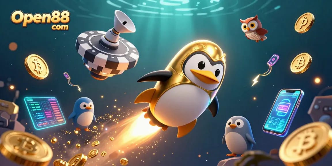 Win big at Open88 com with a golden penguin blasting through a casino-themed cosmic scene.