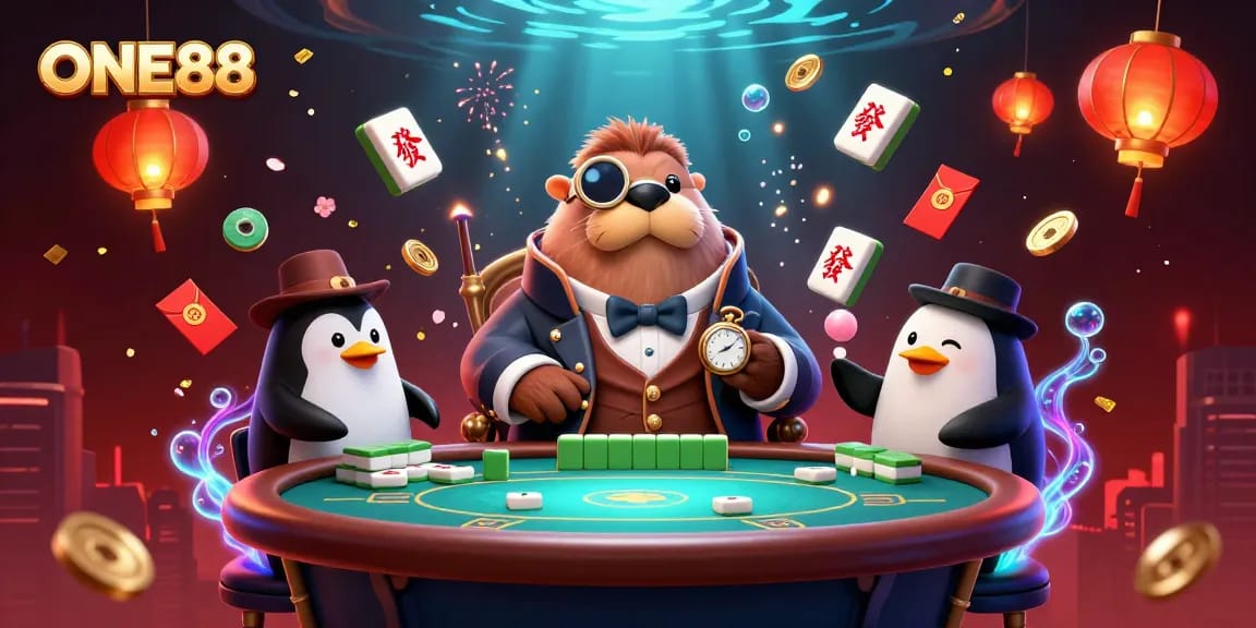 Play poker with the ONE88 team: animated walrus, penguin dealer, and pufferfish bluffer.