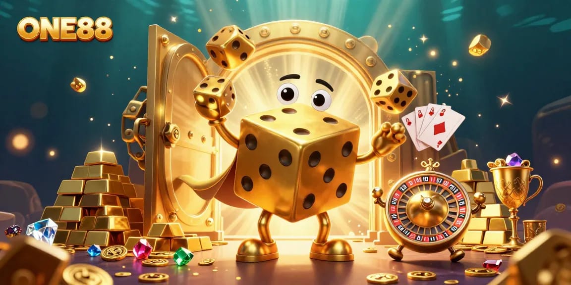 Engage with ONE88's vibrant casino world featuring golden dice and treasure amidst sparkling gems.