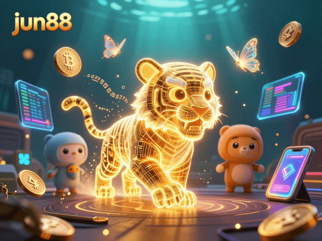 Experience thrilling gaming with jun88 in this vibrant 3D casino scene filled with digital elements.
