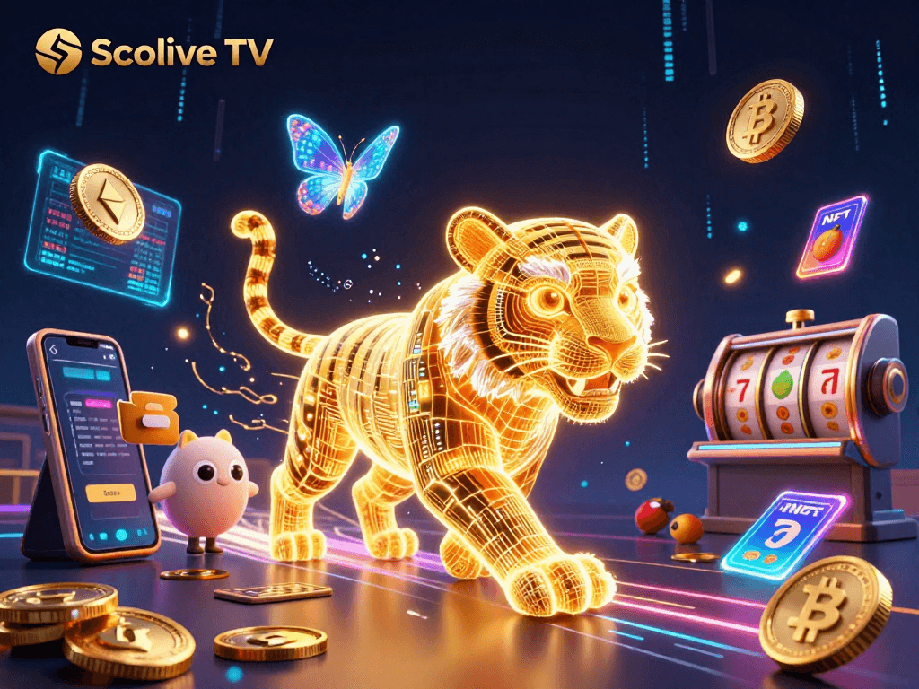 Socolive TV's vibrant scene showcases a golden tiger amid slot reels and digital crypto elements for gamblers.