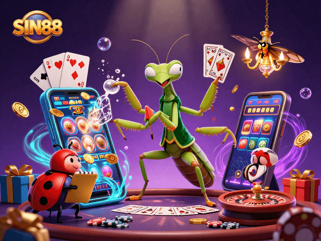 SIN88 captures a vibrant 3D casino scene with animated mantis and ladybug characters interacting with dynamic gaming elements.