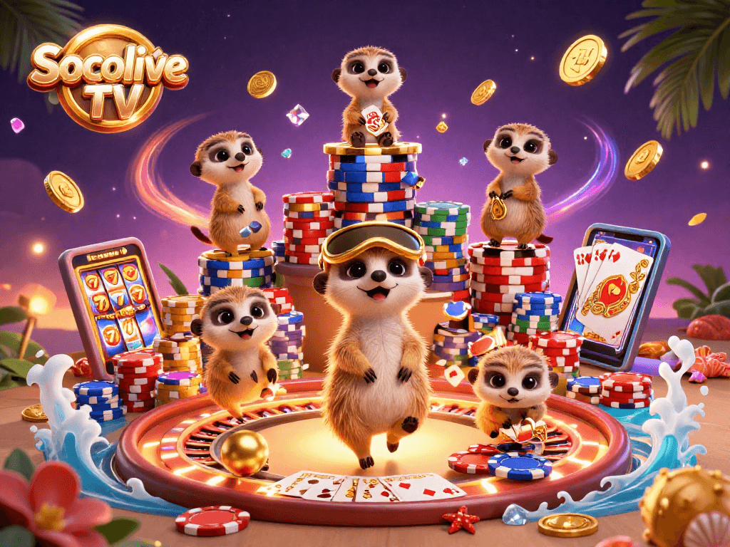Socolive TV brings excitement to players with a vibrant casino scene filled with meerkats, chips, and winning cards.