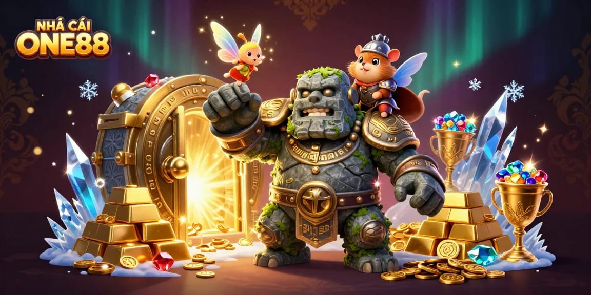 Engage in thrilling gambling adventures with NHÀ CÁI ONE88 showcasing lively characters and rich treasure elements.