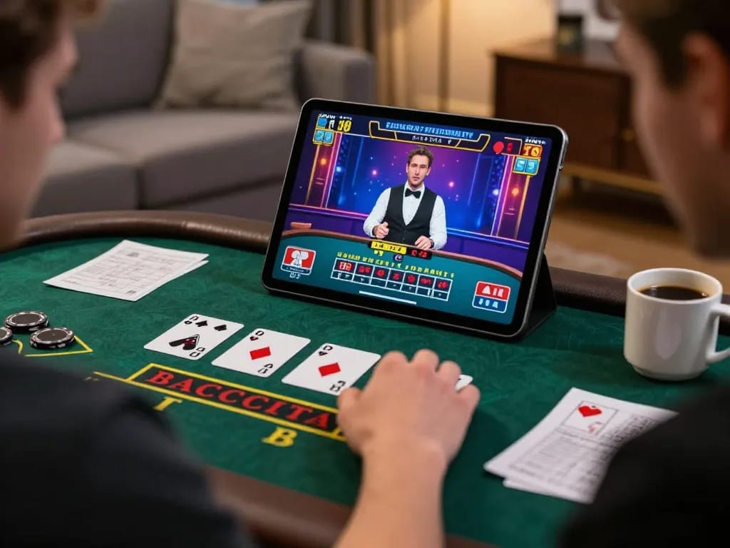 Engaging online baccarat game on a tablet showcases mm88br betting strategies from home.