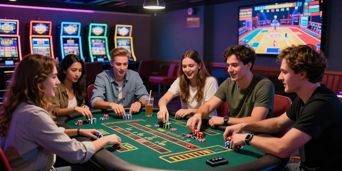 Exciting group playing casino games at XX88, showcasing vibrant gaming atmosphere and social interaction.