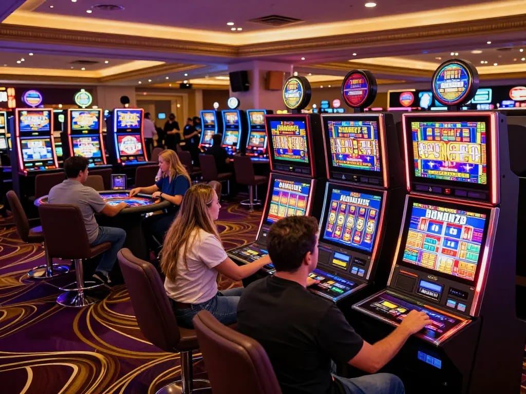 Players engaging with slot pulsa machines at a lively casino, showcasing vibrant atmosphere and excitement