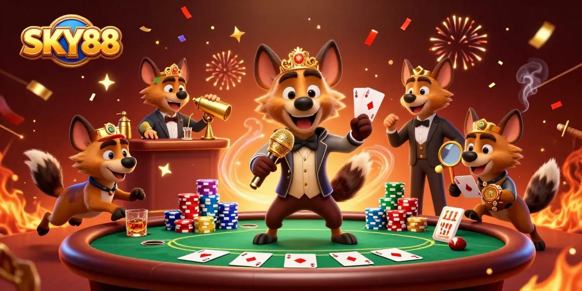 Experience the vibrant energy of SKY88 with hyena characters in a lively casino setting.