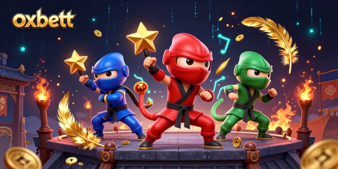 Engage in thrilling action with oxbett as ninja chameleons showcase casino prowess in vibrant 3D illustration.