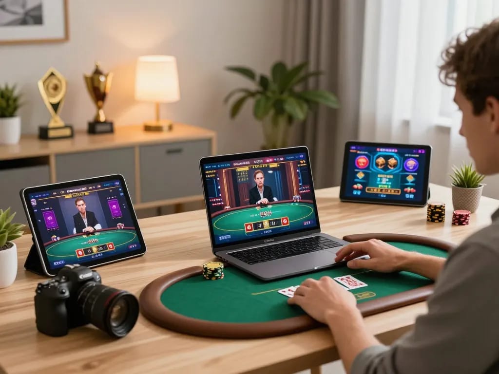 Player enjoying a live poker game on CM88's platform in a cozy home office.