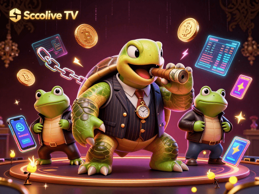 Socolive TV engages viewers with a vibrant 3D casino scene featuring a turtle in mobster attire surrounded by crypto and gaming flair.